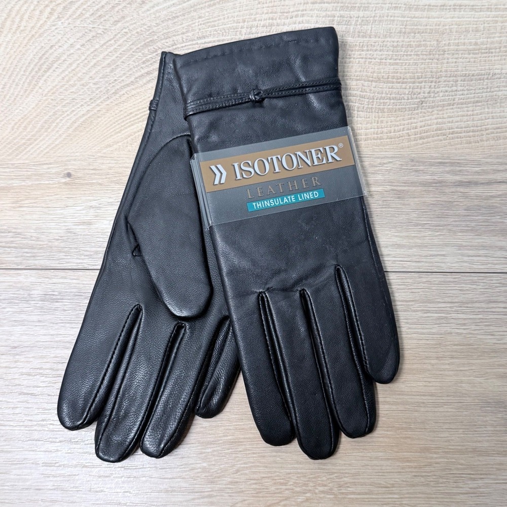 Vintage Isotoner Leather Gloves Women 8.0 Black Thinsulate Lined Warm Winter